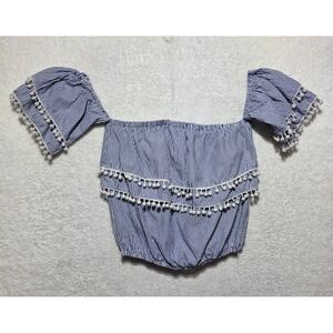 Available by Angela Fashion Blue White Striped Pom Pom Off Shoulder Crop Top L